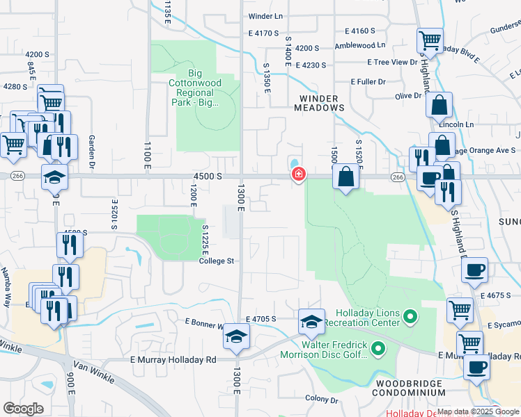 map of restaurants, bars, coffee shops, grocery stores, and more near 1337 Lake Springs Lane in Millcreek