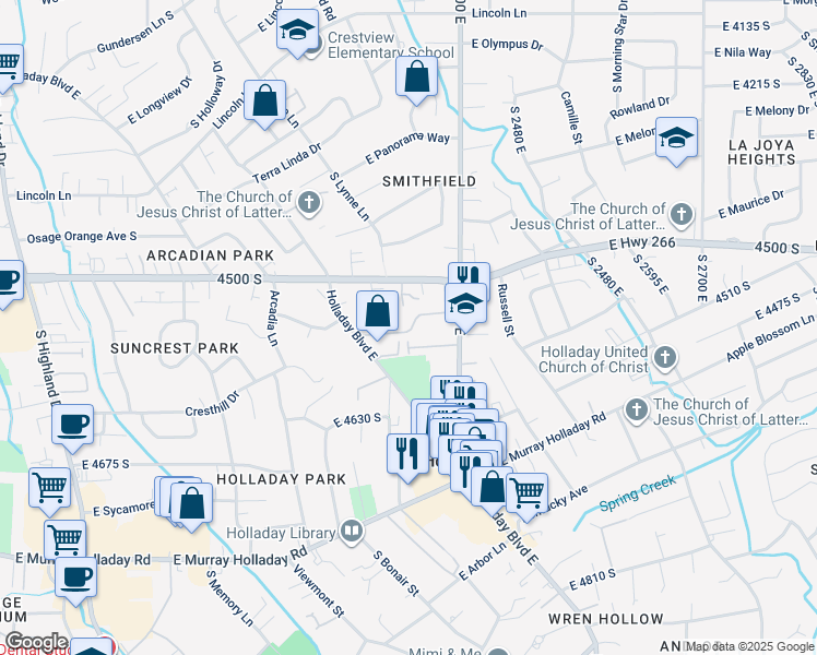 map of restaurants, bars, coffee shops, grocery stores, and more near 2219 Carriage Lane in Holladay