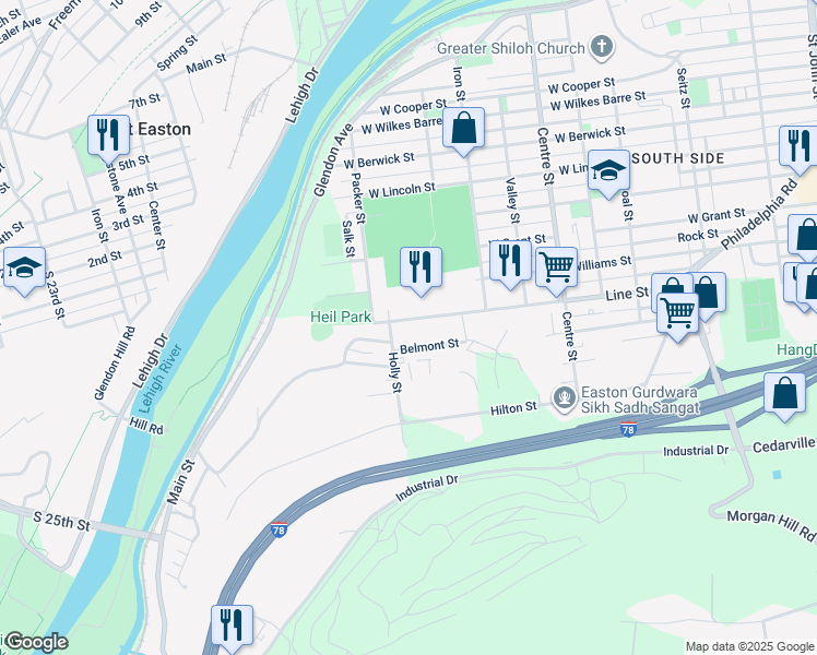 map of restaurants, bars, coffee shops, grocery stores, and more near 906 Line Street in Easton