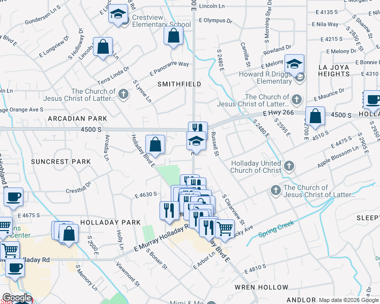 map of restaurants, bars, coffee shops, grocery stores, and more near 2286 Carriage Lane in Holladay