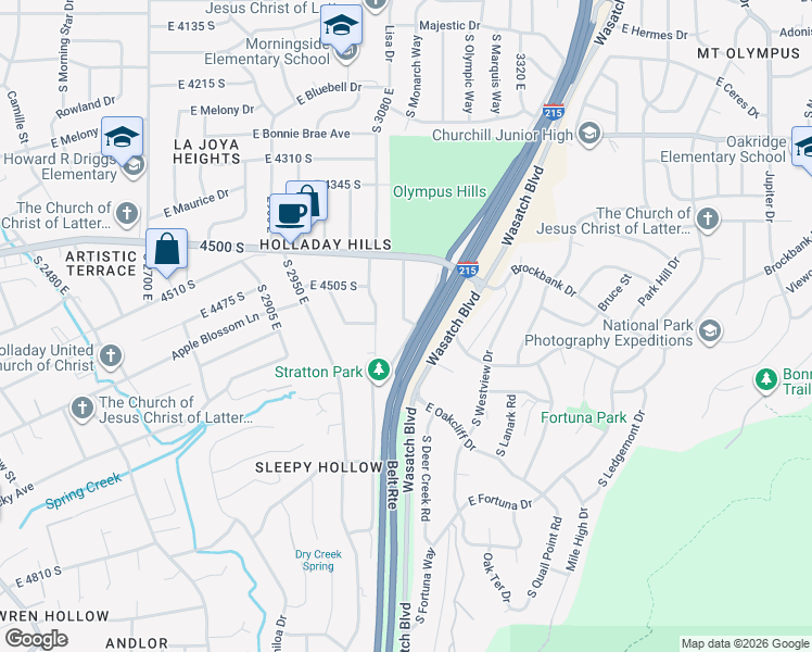 map of restaurants, bars, coffee shops, grocery stores, and more near 4581 Aspen Hollow Lane in Holladay