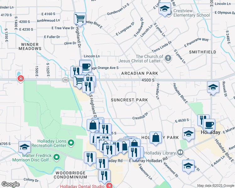 map of restaurants, bars, coffee shops, grocery stores, and more near 1901 East 4560 South in Holladay