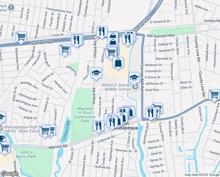 map of restaurants, bars, coffee shops, grocery stores, and more near 323 Grover Avenue North in Massapequa Park