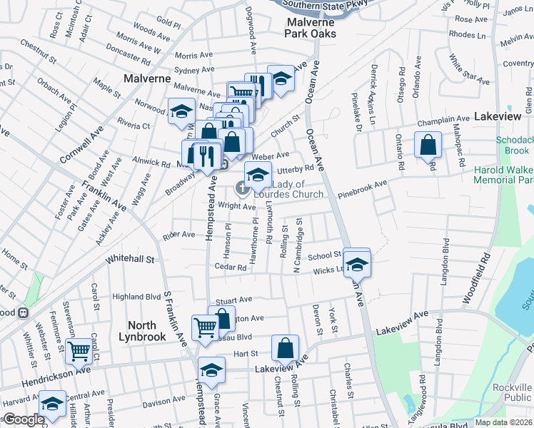 map of restaurants, bars, coffee shops, grocery stores, and more near 82 Linmouth Road in Malverne
