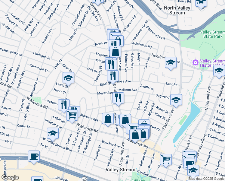 map of restaurants, bars, coffee shops, grocery stores, and more near 30 Meyer Avenue in Valley Stream