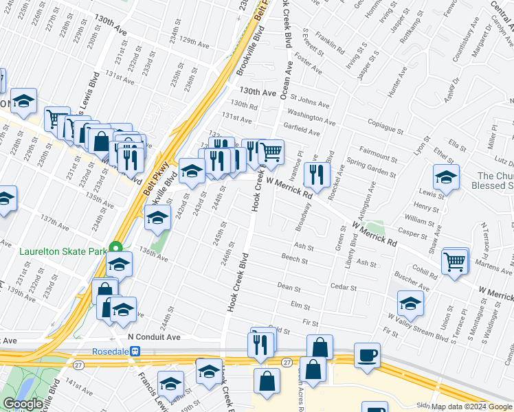 map of restaurants, bars, coffee shops, grocery stores, and more near 13340 Hook Creek Boulevard in Queens