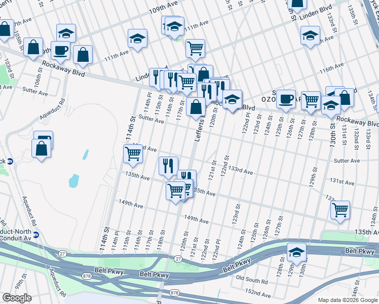 map of restaurants, bars, coffee shops, grocery stores, and more near 130-59 118th Street in Queens