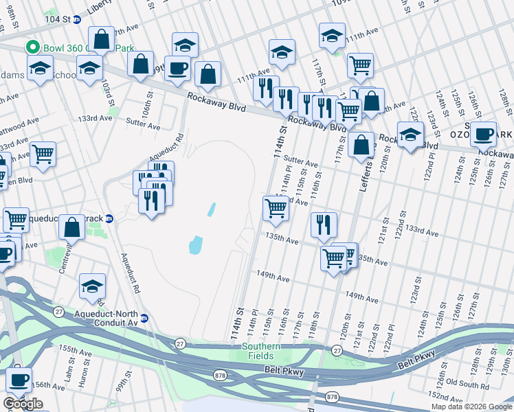 map of restaurants, bars, coffee shops, grocery stores, and more near 133-36 114th Street in Queens