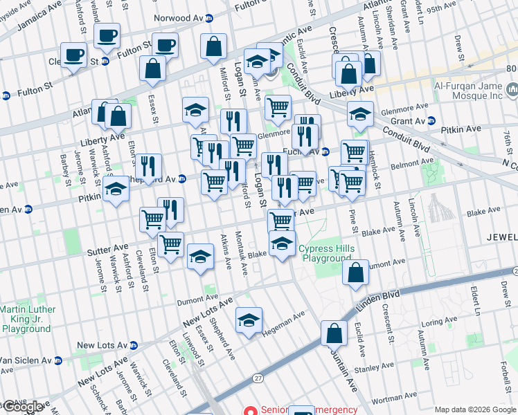 map of restaurants, bars, coffee shops, grocery stores, and more near 277 Milford Street in Brooklyn