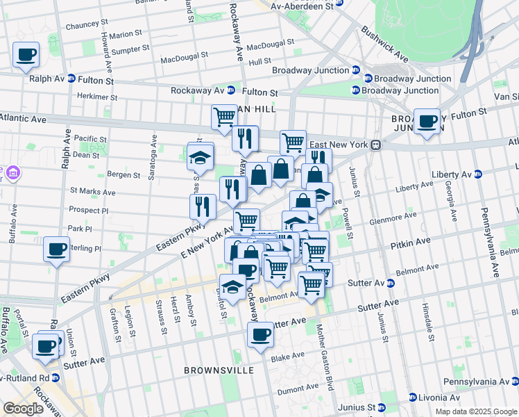 map of restaurants, bars, coffee shops, grocery stores, and more near 1580 East New York Avenue in Brooklyn