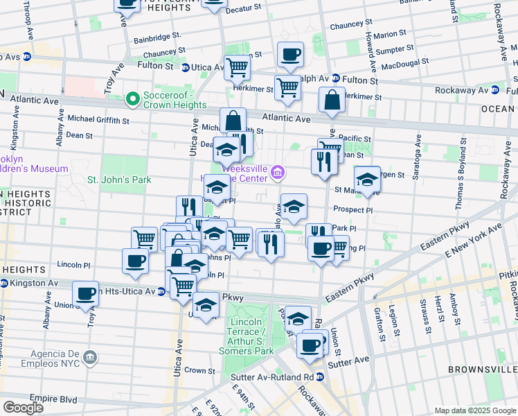 map of restaurants, bars, coffee shops, grocery stores, and more near 1551 Park Place in Brooklyn