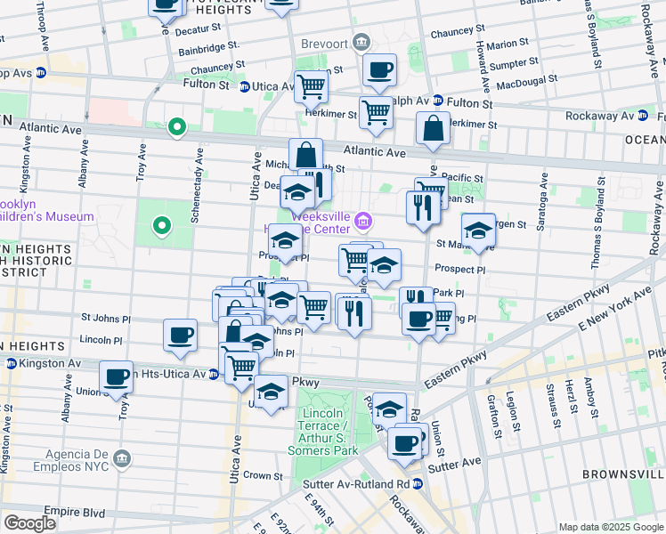 map of restaurants, bars, coffee shops, grocery stores, and more near 1551 Park Place in Brooklyn