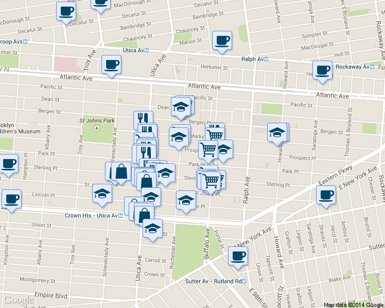 map of restaurants, bars, coffee shops, grocery stores, and more near 1505 Park Place in Brooklyn