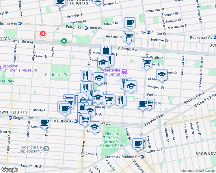 map of restaurants, bars, coffee shops, grocery stores, and more near 1505 Park Place in Brooklyn