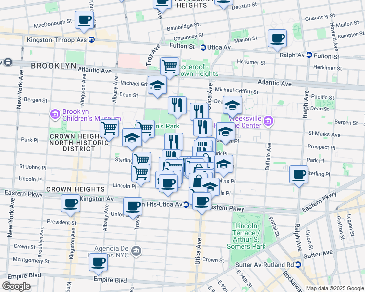 map of restaurants, bars, coffee shops, grocery stores, and more near 1328 Park Place in Brooklyn