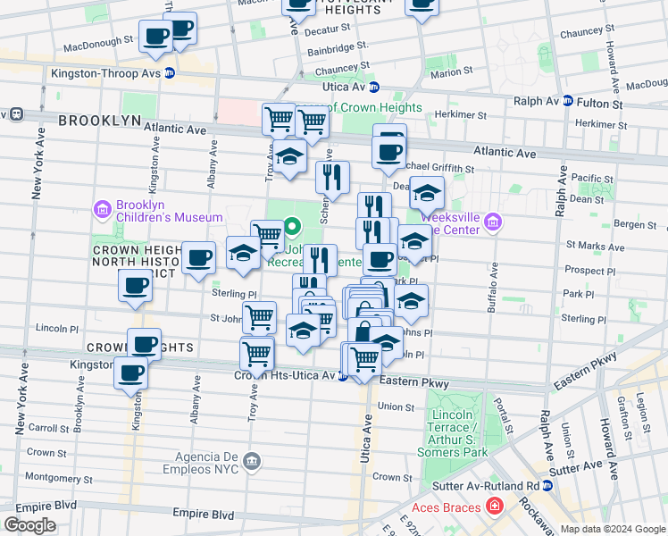 map of restaurants, bars, coffee shops, grocery stores, and more near 1328 Park Place in Brooklyn