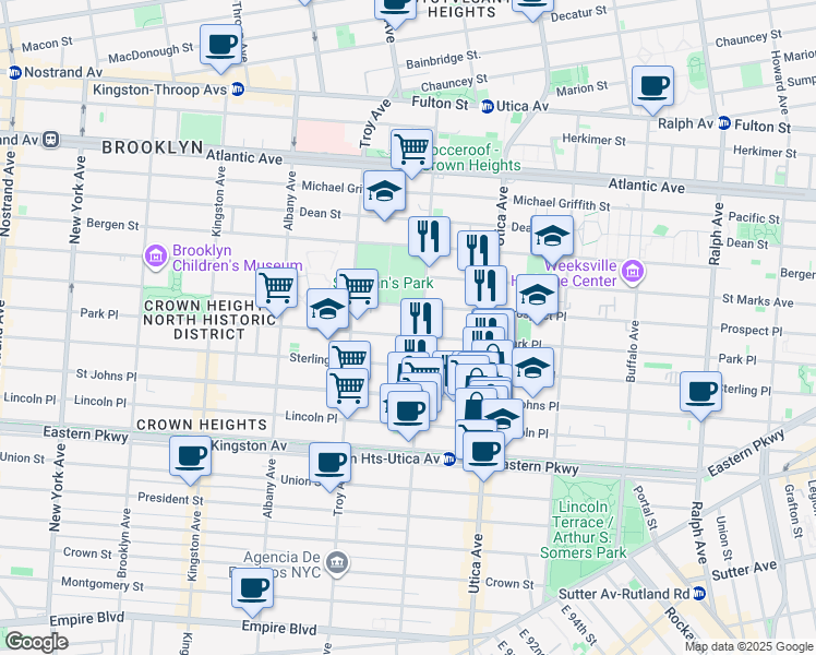 map of restaurants, bars, coffee shops, grocery stores, and more near 1328 Park Place in Brooklyn
