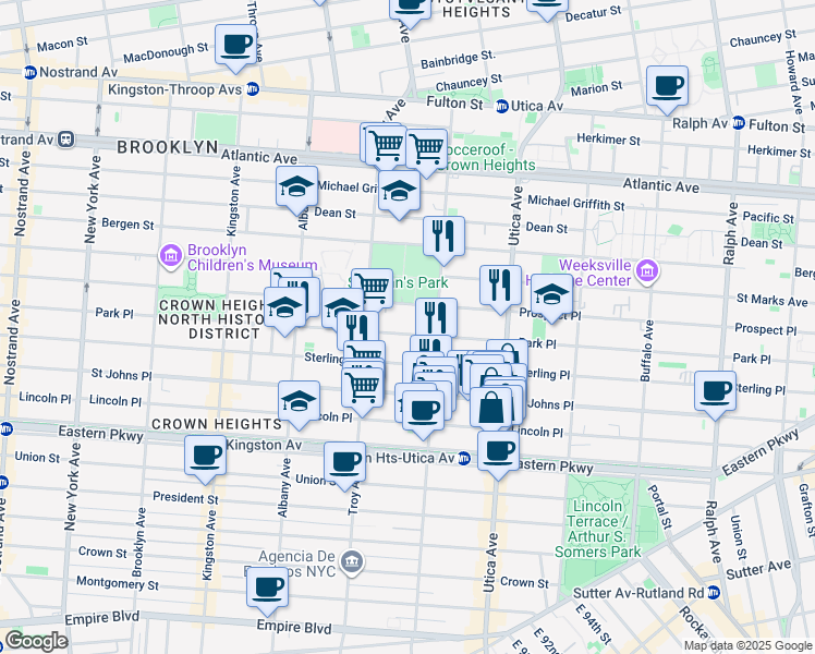 map of restaurants, bars, coffee shops, grocery stores, and more near 1282 Park Place in Brooklyn