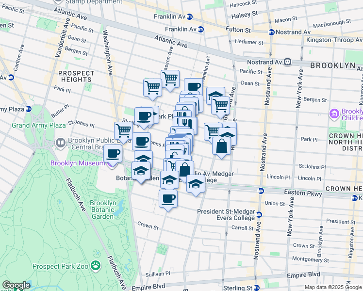 map of restaurants, bars, coffee shops, grocery stores, and more near 625 Saint Johns Place in Brooklyn
