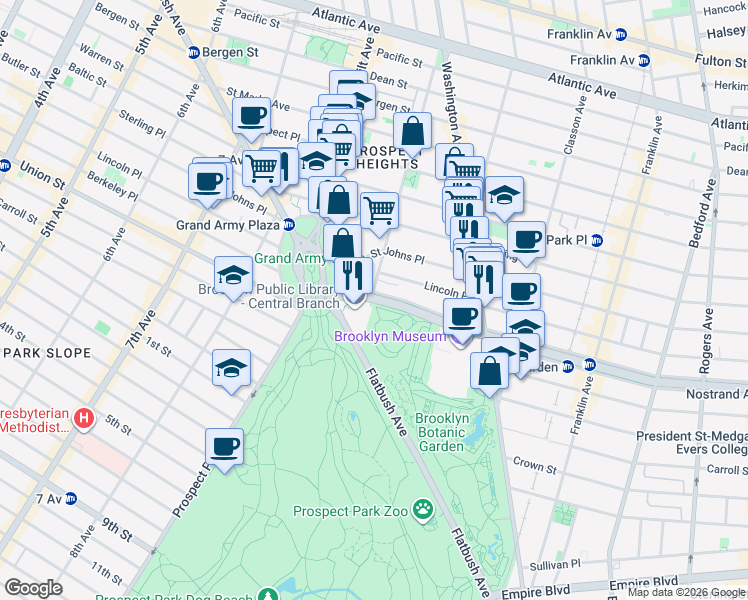 map of restaurants, bars, coffee shops, grocery stores, and more near 38 Eastern Parkway in Brooklyn