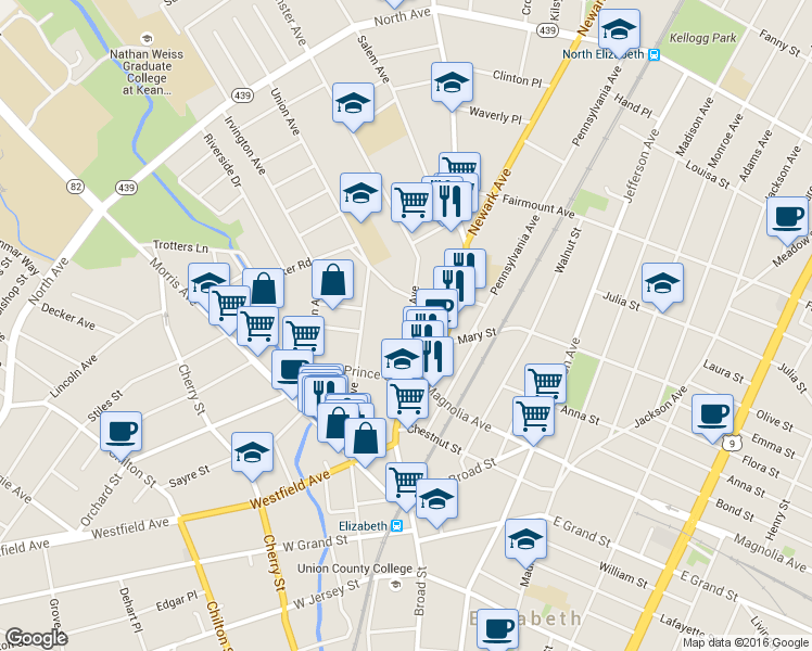 map of restaurants, bars, coffee shops, grocery stores, and more near 432 Westminster Avenue in Elizabeth