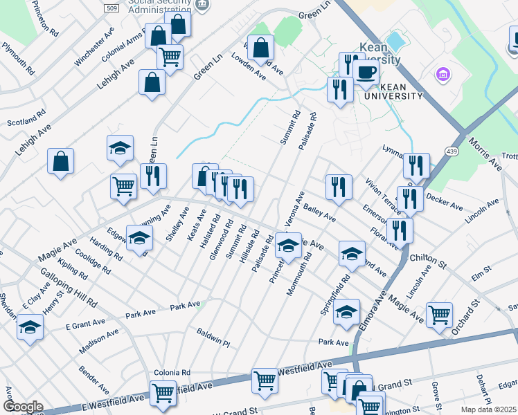 map of restaurants, bars, coffee shops, grocery stores, and more near 311 Hillside Road in Elizabeth
