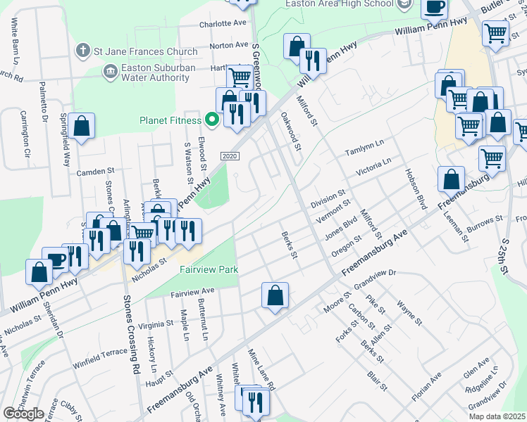 map of restaurants, bars, coffee shops, grocery stores, and more near 3313 Division Street in Easton