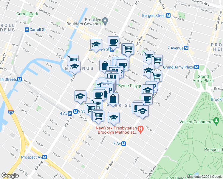 map of restaurants, bars, coffee shops, grocery stores, and more near 5th Ave & 3rd St in Brooklyn