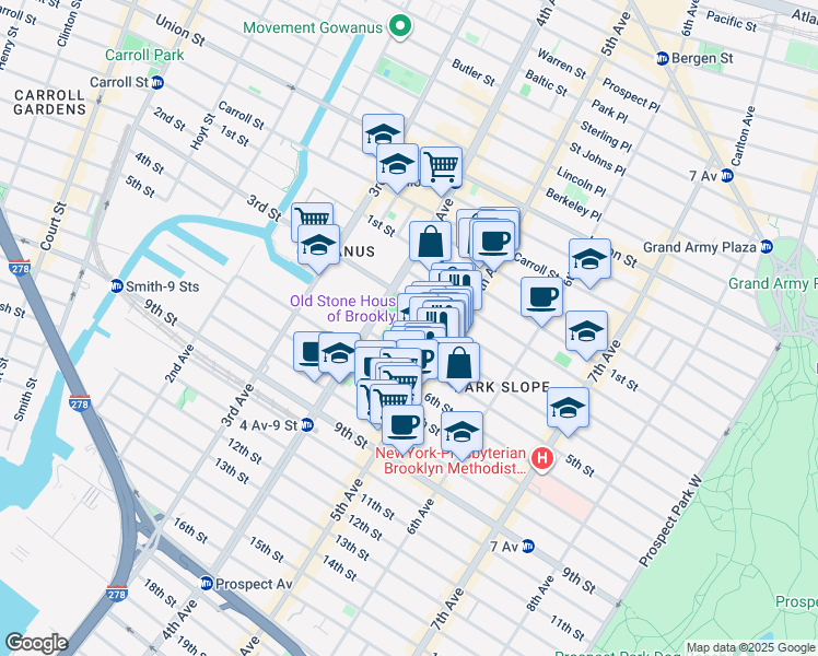 map of restaurants, bars, coffee shops, grocery stores, and more near 4th Street in Brooklyn