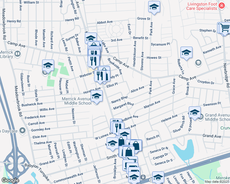 map of restaurants, bars, coffee shops, grocery stores, and more near 14 Woodland Terrace in Merrick
