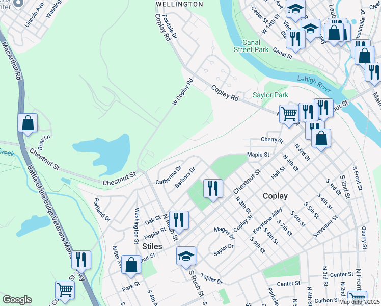 map of restaurants, bars, coffee shops, grocery stores, and more near 841 Catherine Drive in Coplay