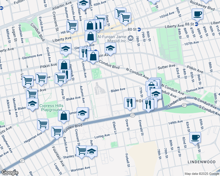 map of restaurants, bars, coffee shops, grocery stores, and more near 1453 Blake Avenue in Brooklyn