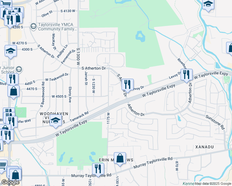 map of restaurants, bars, coffee shops, grocery stores, and more near 4517 1175 West in Murray