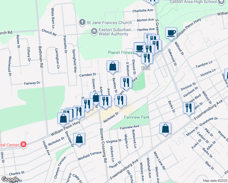 map of restaurants, bars, coffee shops, grocery stores, and more near 444 Berkley Street in Easton