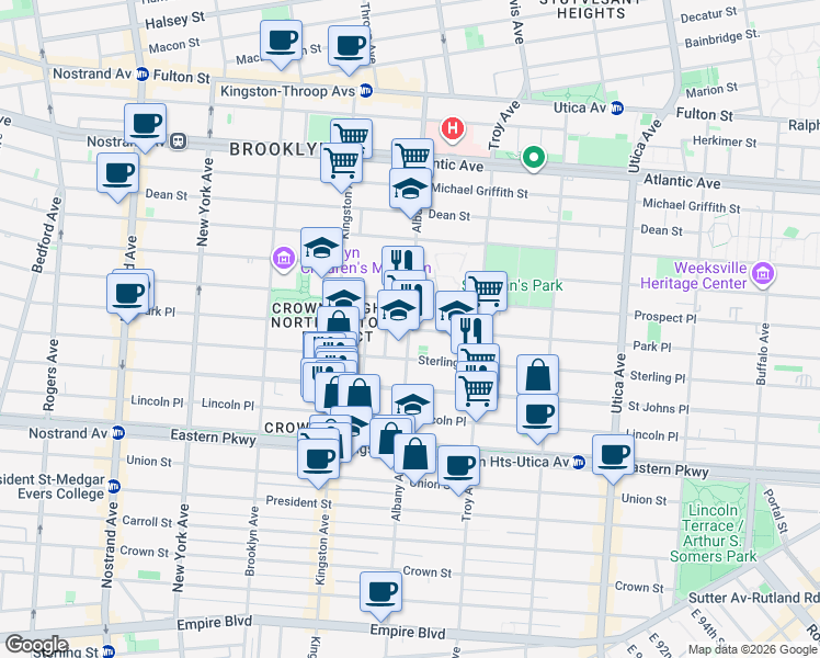 map of restaurants, bars, coffee shops, grocery stores, and more near Park Place & Albany Avenue in Brooklyn