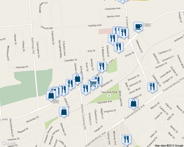 map of restaurants, bars, coffee shops, grocery stores, and more near 444 Berkley Street in Easton
