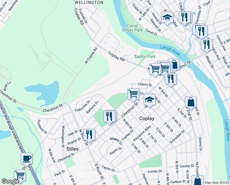 map of restaurants, bars, coffee shops, grocery stores, and more near 261 Maple Street in Coplay