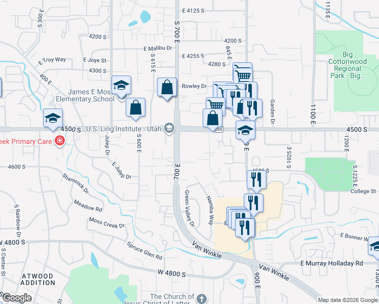 map of restaurants, bars, coffee shops, grocery stores, and more near 755 East Willes Lane in Millcreek