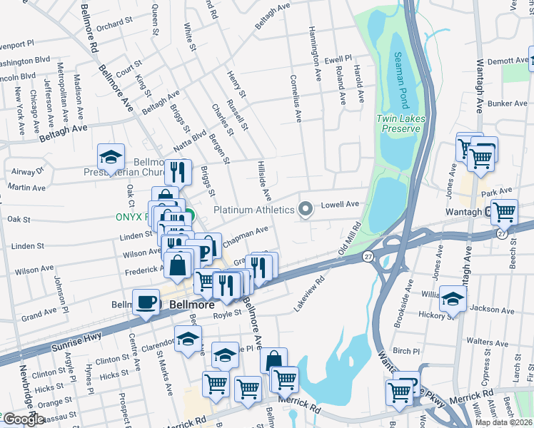 map of restaurants, bars, coffee shops, grocery stores, and more near 216 Chapman Avenue in Bellmore