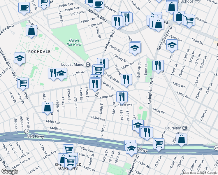 map of restaurants, bars, coffee shops, grocery stores, and more near 137-46 Bedell Street in Queens