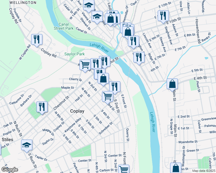 map of restaurants, bars, coffee shops, grocery stores, and more near 123 Keystone Alley in Coplay