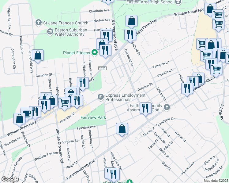map of restaurants, bars, coffee shops, grocery stores, and more near 3500 Nicholas Court in Easton