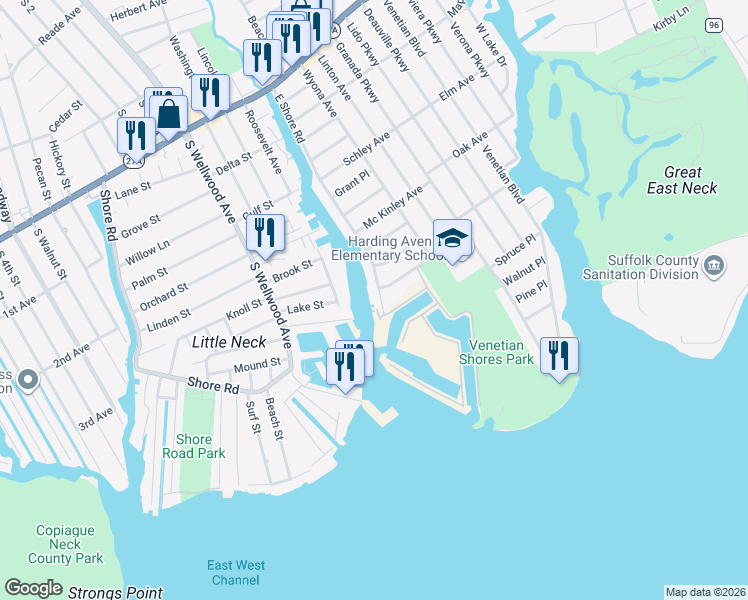 map of restaurants, bars, coffee shops, grocery stores, and more near 410 East Shore Road in Lindenhurst