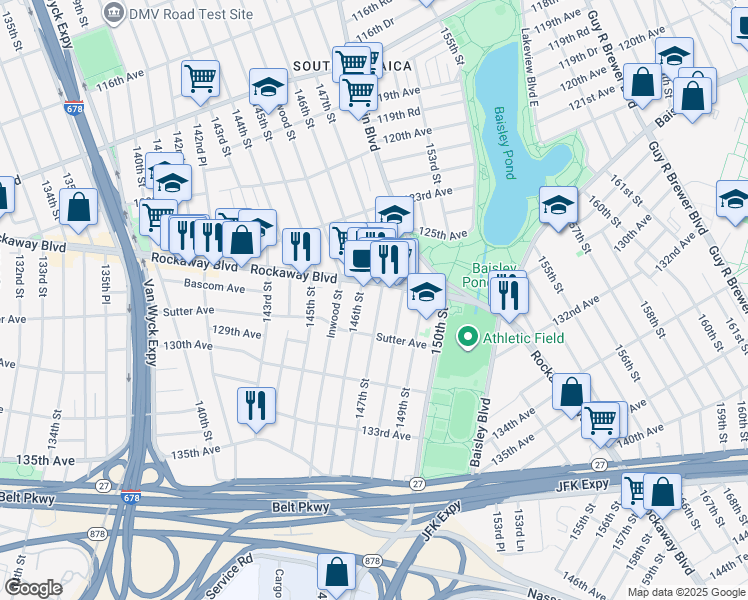 map of restaurants, bars, coffee shops, grocery stores, and more near 126-30 147th Street in Queens