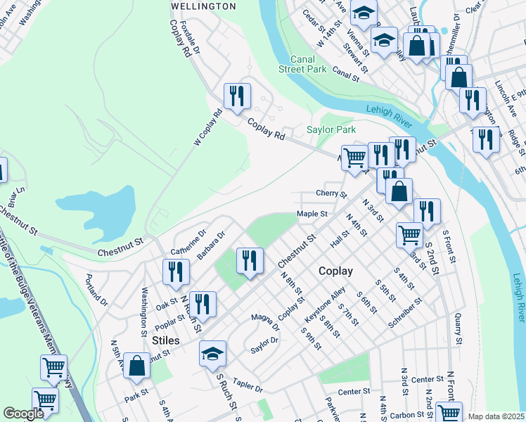 map of restaurants, bars, coffee shops, grocery stores, and more near 261 Maple Street in Coplay