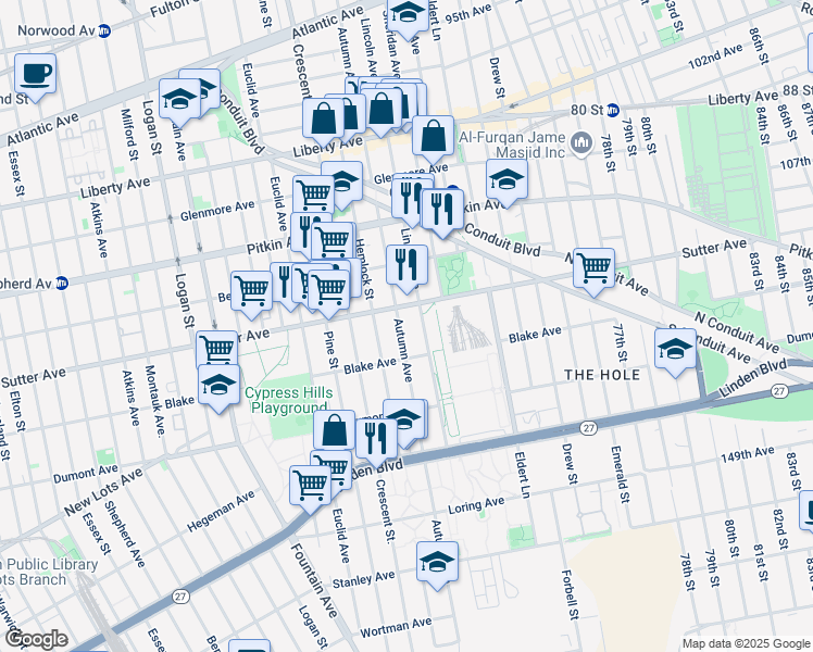 map of restaurants, bars, coffee shops, grocery stores, and more near 660 Autumn Avenue in Brooklyn