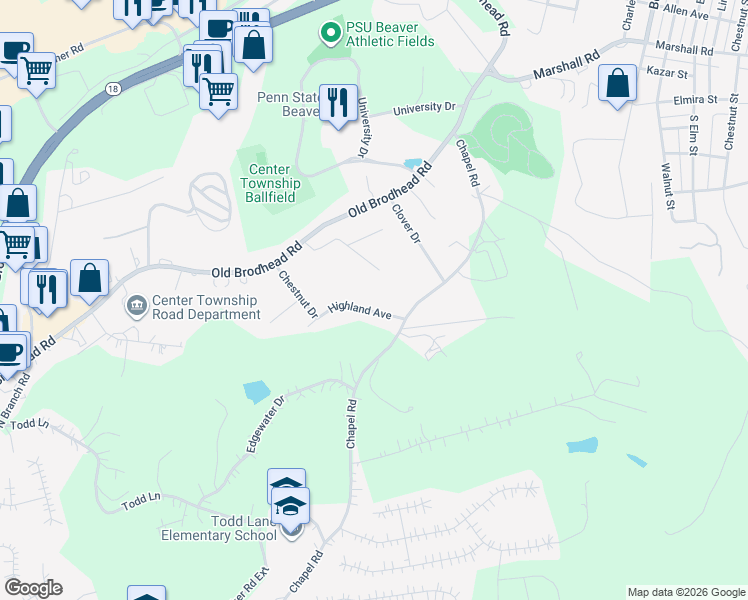 map of restaurants, bars, coffee shops, grocery stores, and more near 108 Highland Avenue in Monaca