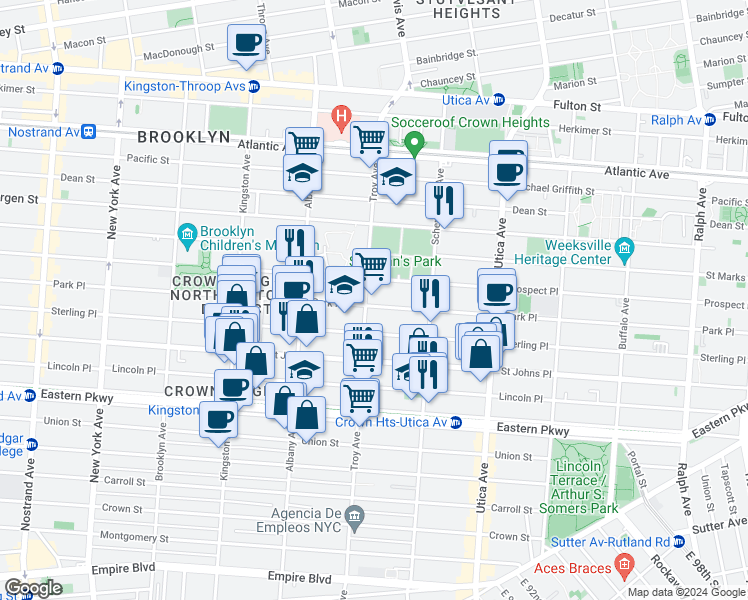 map of restaurants, bars, coffee shops, grocery stores, and more near 1243 Park Place in Brooklyn