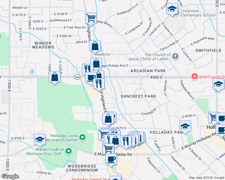 map of restaurants, bars, coffee shops, grocery stores, and more near 4553 Highland Drive in Holladay