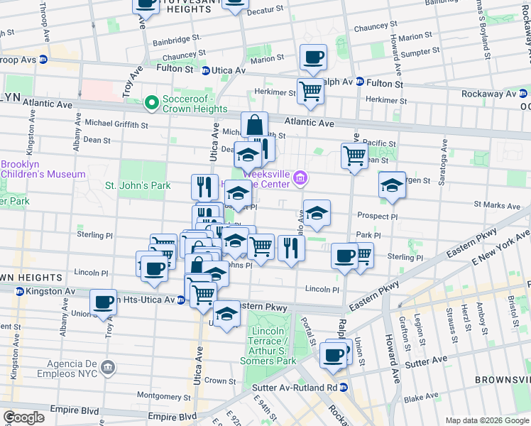 map of restaurants, bars, coffee shops, grocery stores, and more near 1484 Prospect Place in Brooklyn